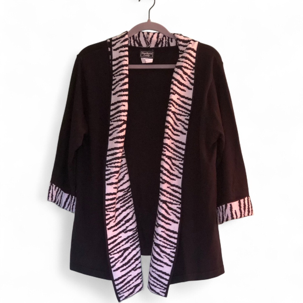 Southern Lady Zebra‎ Trim Open Front Cardigan Sweater Womens Large